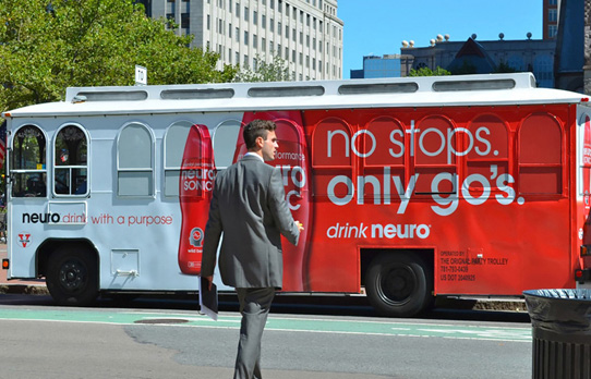 Image of wrapped trolley advertising in Boston