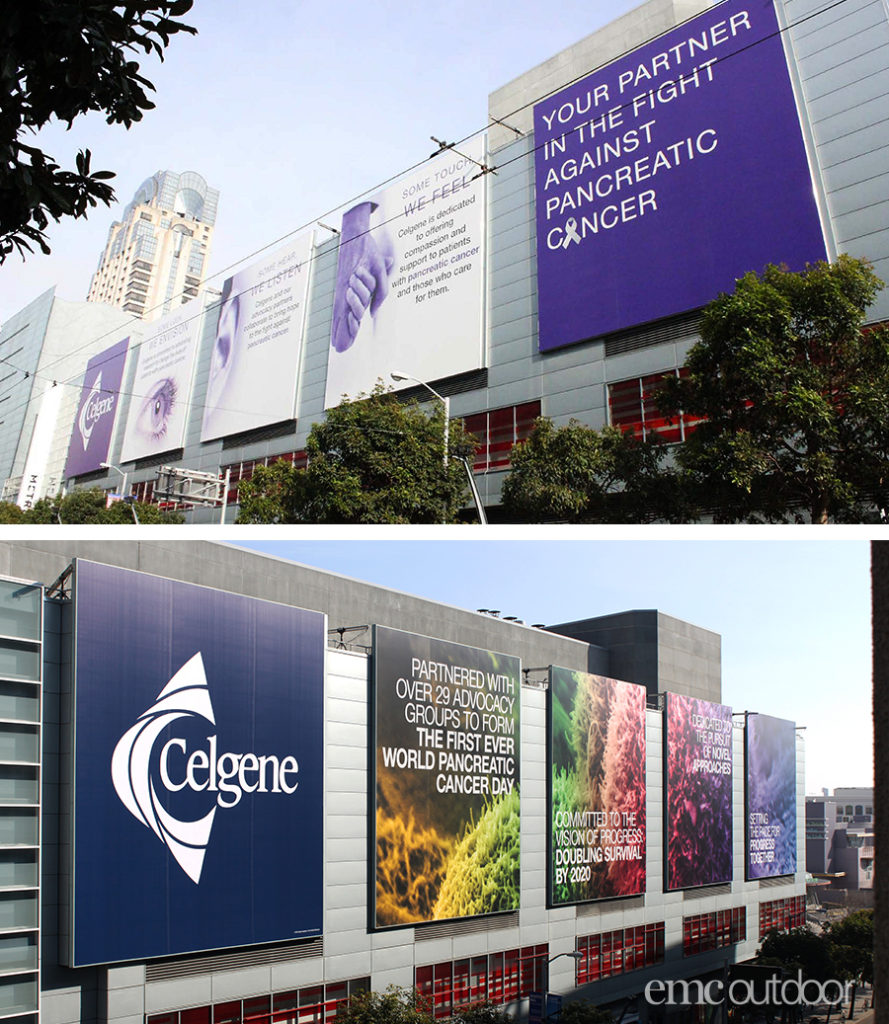 These Celgene wallscapes in San Francisco show a difference in creative execution from one year to the next, while still maintaining the same branding. The top creative is from 2017 and the bottom is from 2015.