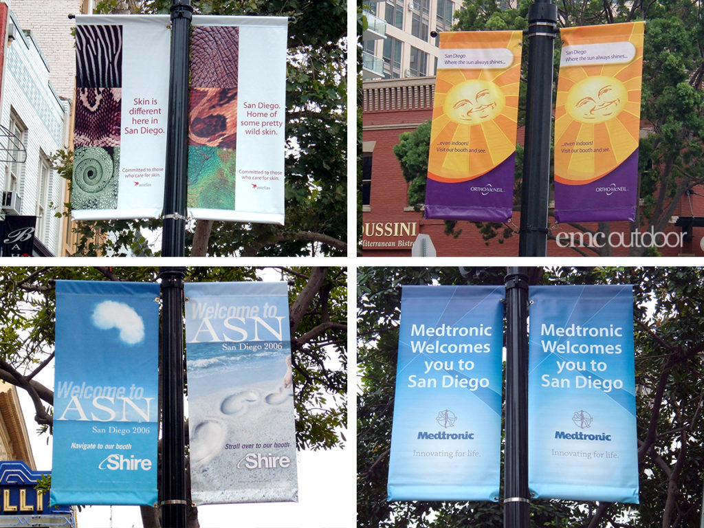 Examples of San Diego streetlamp pole banners. San Diego asks that advertisers have a creative tie-in to the city of San Diego in their creatives. Restrictions like these can lead to multiple interpretations.