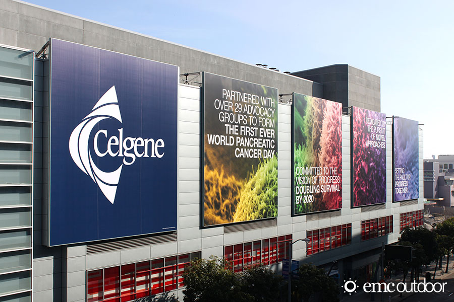 An image of a large advertising wallscape targeting trade show attendees
