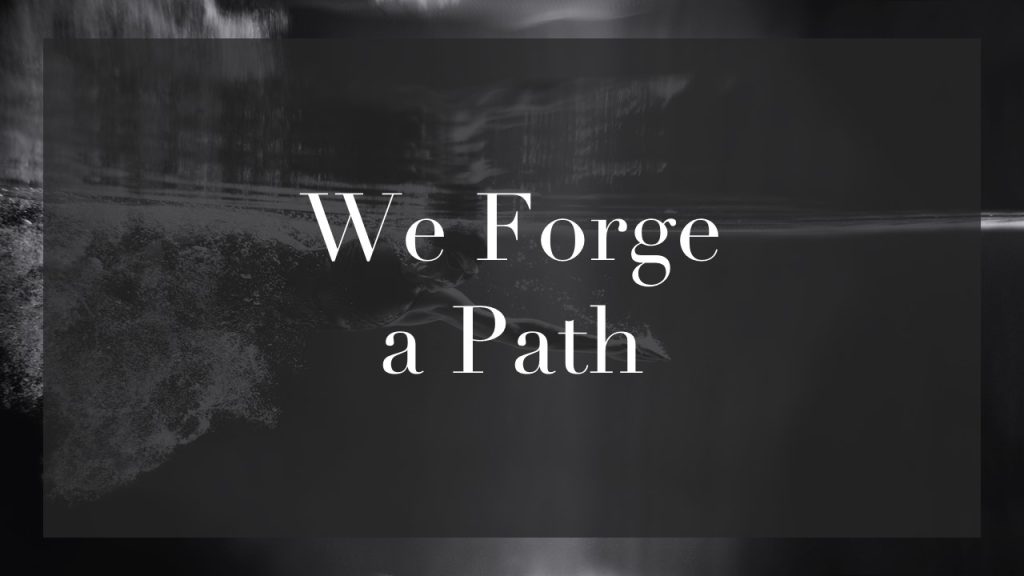 an image of a swimmer with the text of a core value  "we forge a path"