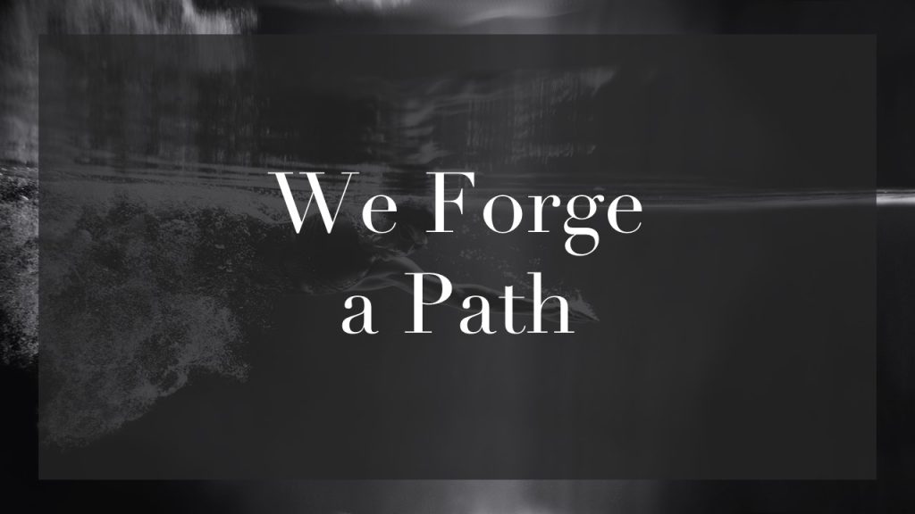 an image of a swimmer with the text of a core value "we forge a path"