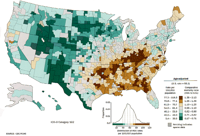 map showing rates of lung cancer