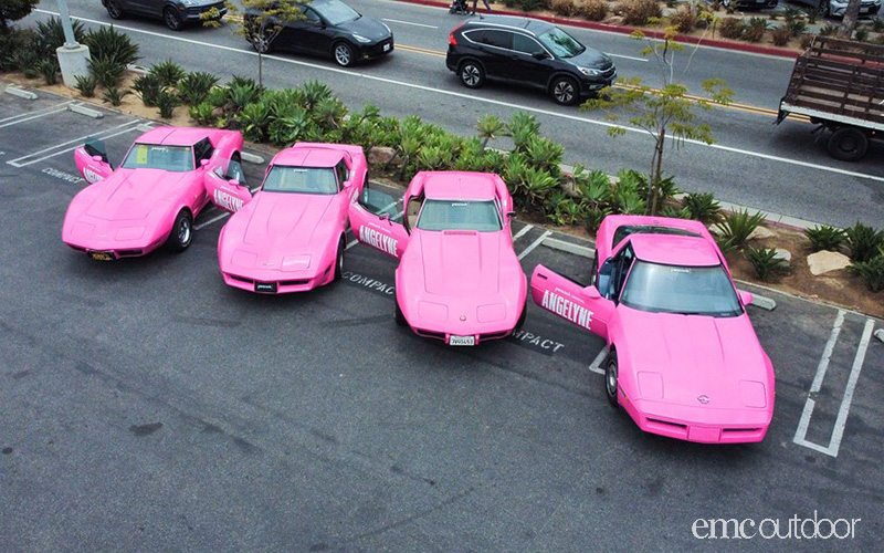 Pink corvettes parked with doors open