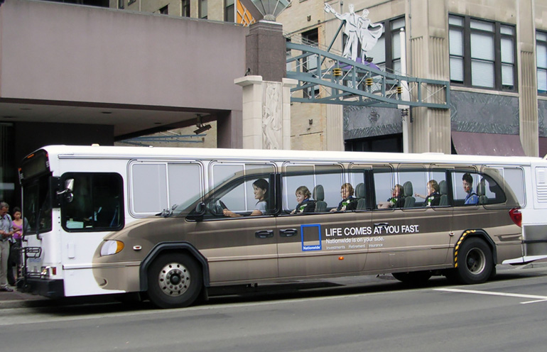 Image of a wrapped bus for Nationwide Insurance