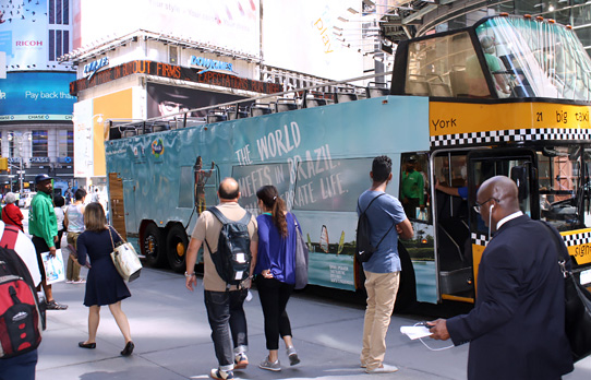 Image of wrapped double decker bus promoting Brasil Tourism