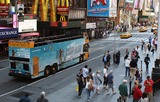 Image of wrapped double decker bus promoting Brasil Tourism