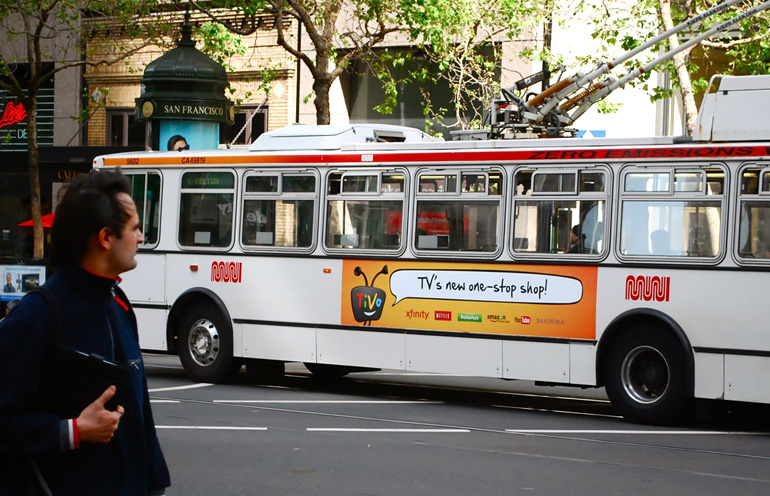 Image of bus advertising in San Francisco for a consumer technology product